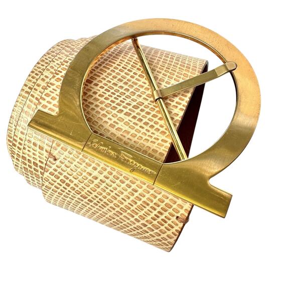 Ferragamo Gancini Belt Beige Leather Gold Gancini Buckle | Vintage Luxe Gift NEW - Picture 5 of 16